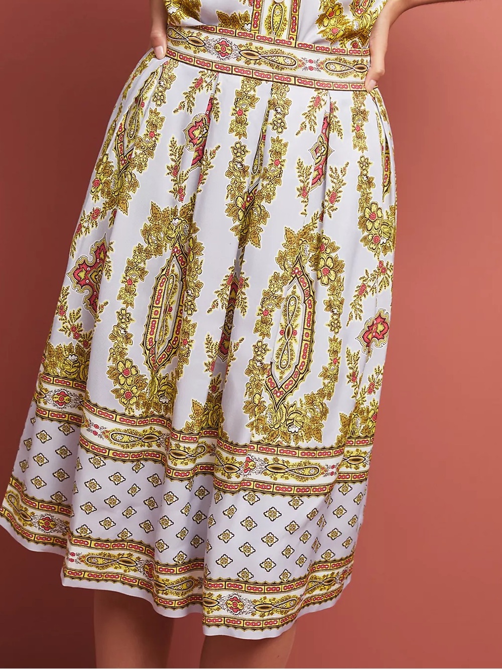 Maeve Anthropologie Echarpe Printed Midi Skirt in White with Gold Paisley